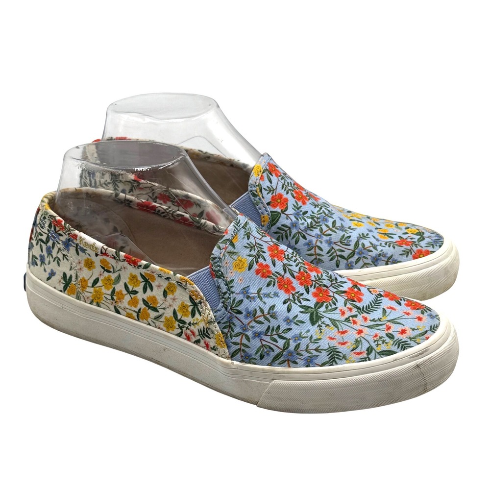 Keds Slip-On Sneakers Light Blue Floral with Yellow and Red Accents
